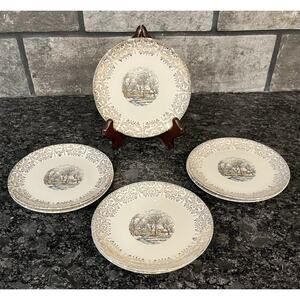 7 Vintage Monarch Currier & Ives Gold Filigree Winter Scene Round Bread Plates